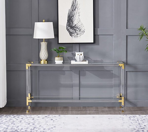 YM-F1084 - Bàn Console Acrylic 2 Tầng – Góc Vàng