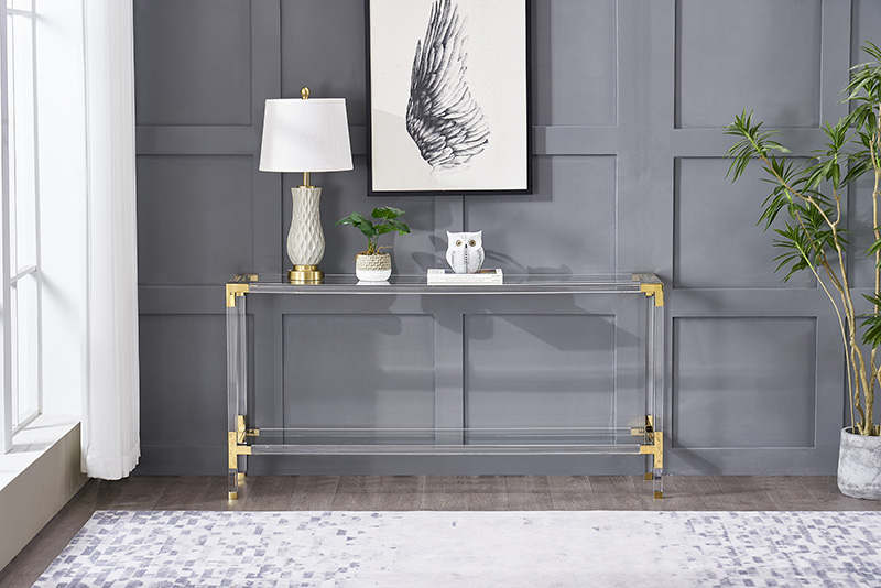 YM-F1084 - Bàn Console Acrylic 2 Tầng – Góc Vàng
